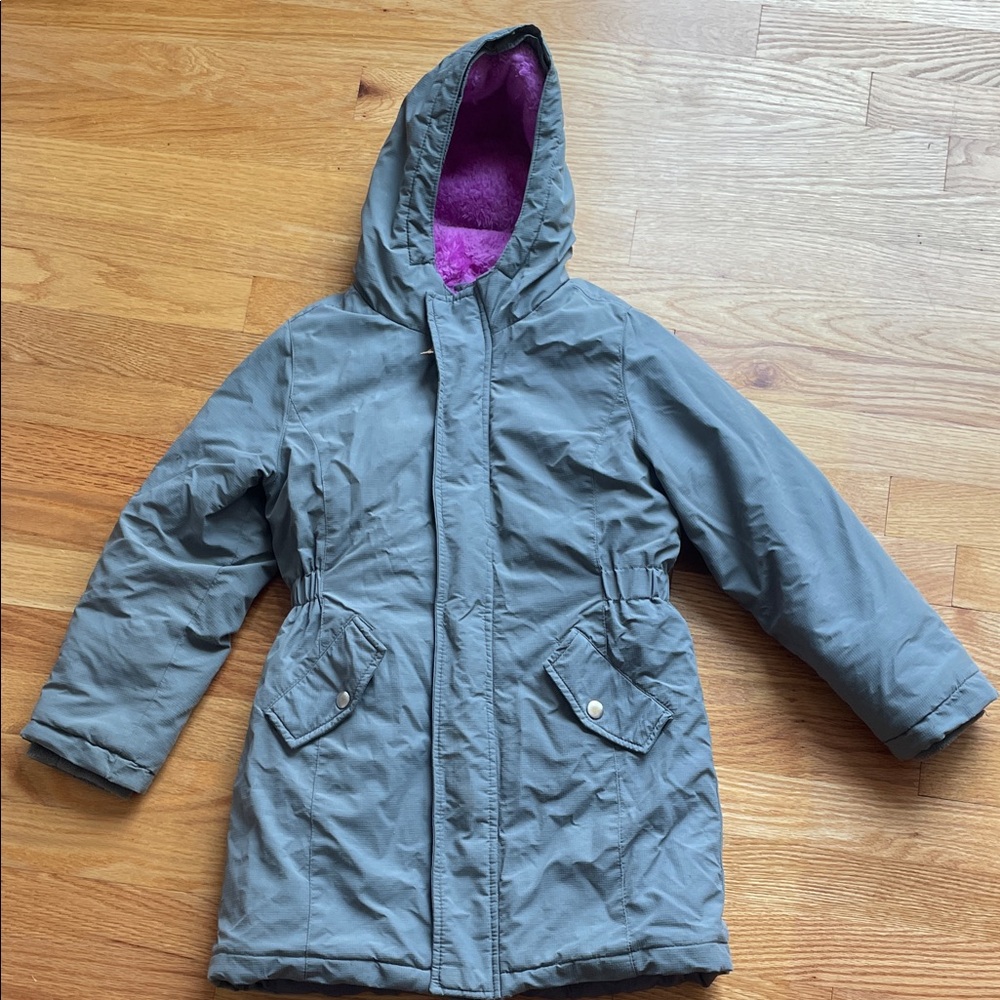Cat & Jack Girls Sherpa Lined Winter Jacket Gray Pink Hooded Size 6 6X